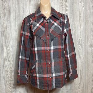 CAbi Tavern Double Layered Red and Gray Plaid Flannel Shirt- Size XS